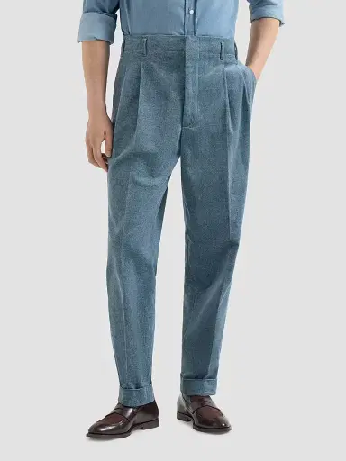 Brunello Cucinelli Men's Denim-Effect Cotton Velvet Trousers with Double Pleats - Cerulean - Size 32 | Thumbnail 3 Brunello Cucinelli Men's Denim-Effect Cotton Velvet Trousers with Double Pleats - Cerulean - Size 32 | Thumbnail 3