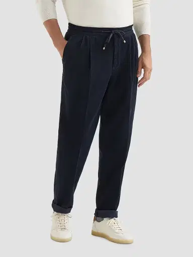 Brunello Cucinelli Men's Garment-Dyed Trousers in Cotton Narrow Wale Corduroy - Navy Blue | Thumbnail 3 Brunello Cucinelli Men's Garment-Dyed Trousers in Cotton Narrow Wale Corduroy - Navy Blue | Thumbnail 3