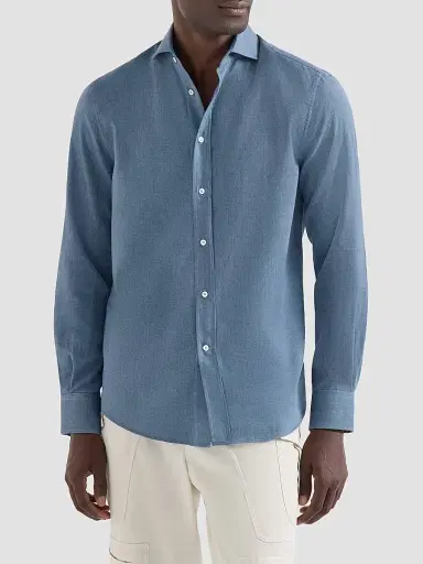 Brunello Cucinelli Men's Cotton and Cashmere Denim-Effect Diagonal Shirt - Denim - Size XXXXL | Thumbnail 2 Brunello Cucinelli Men's Cotton and Cashmere Denim-Effect Diagonal Shirt - Denim - Size XXXXL | Thumbnail 2