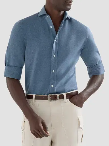 Brunello Cucinelli Men's Cotton and Cashmere Denim-Effect Diagonal Shirt - Denim - Size XXXXL | Thumbnail 5 Brunello Cucinelli Men's Cotton and Cashmere Denim-Effect Diagonal Shirt - Denim - Size XXXXL | Thumbnail 5