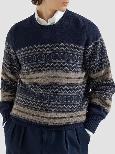 Brunello Cucinelli Men's Alpaca, Cashmere and Wool Nordic Jacquard Sweater - Chestnut - Size 48 | Thumbnail 2 Brunello Cucinelli Men's Alpaca, Cashmere and Wool Nordic Jacquard Sweater - Chestnut - Size 48 | Thumbnail 2