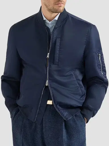 Brunello Cucinelli Men's Water-Resistant Techno Satin Bomber Jacket | Thumbnail 2