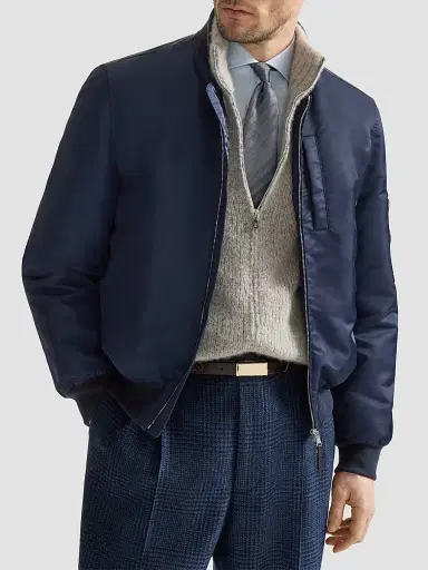 Brunello Cucinelli Men's Water-Resistant Techno Satin Bomber Jacket | Thumbnail 4