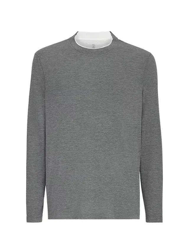 Brunello Cucinelli Men's Silk and Cotton Lightweight Jersey Long Sleeve Crewneck T-Shirt - Grey