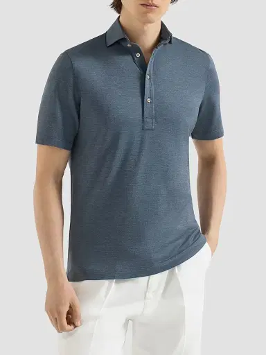 Brunello Cucinelli Men's Virgin Wool, Silk and Cotton Piqué Polo Shirt - Cerulean - Size Large | Thumbnail 2 Brunello Cucinelli Men's Virgin Wool, Silk and Cotton Piqué Polo Shirt - Cerulean - Size Large | Thumbnail 2