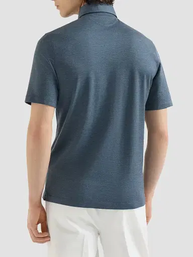 Brunello Cucinelli Men's Virgin Wool, Silk and Cotton Piqué Polo Shirt - Cerulean - Size Large | Thumbnail 3 Brunello Cucinelli Men's Virgin Wool, Silk and Cotton Piqué Polo Shirt - Cerulean - Size Large | Thumbnail 3