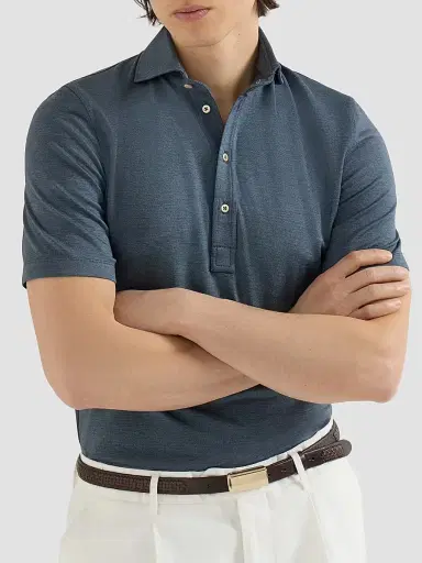 Brunello Cucinelli Men's Virgin Wool, Silk and Cotton Piqué Polo Shirt - Cerulean - Size Large | Thumbnail 5 Brunello Cucinelli Men's Virgin Wool, Silk and Cotton Piqué Polo Shirt - Cerulean - Size Large | Thumbnail 5