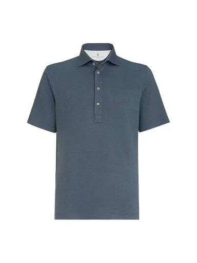 Brunello Cucinelli Men's Virgin Wool, Silk and Cotton Piqué Polo Shirt - Cerulean - Size Large | Thumbnail 1 Brunello Cucinelli Men's Virgin Wool, Silk and Cotton Piqué Polo Shirt - Cerulean - Size Large | Thumbnail 1