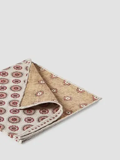 Brunello Cucinelli Men's Silk Pocket Square with Medallion Design - Beige | Thumbnail 2 Brunello Cucinelli Men's Silk Pocket Square with Medallion Design - Beige | Thumbnail 2