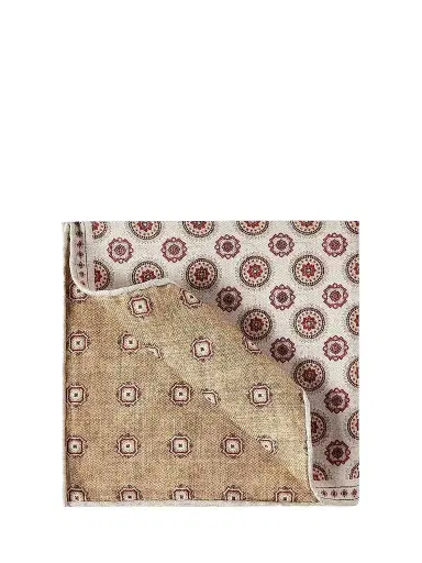 Brunello Cucinelli Men's Silk Pocket Square with Medallion Design - Beige | Thumbnail 1 Brunello Cucinelli Men's Silk Pocket Square with Medallion Design - Beige | Thumbnail 1