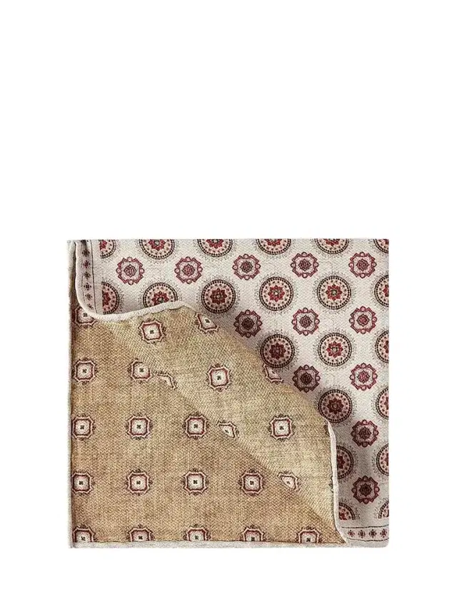 Brunello Cucinelli Men's Silk Pocket Square with Medallion Design - Beige