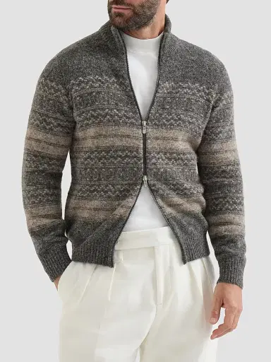 Brunello Cucinelli Men's Nordic Jacquard High-Neck Cardigan with Zip - Black Multi - Size 48 | Thumbnail 3