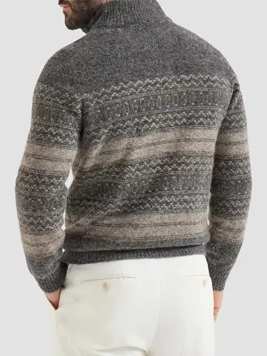 Brunello Cucinelli Men's Nordic Jacquard High-Neck Cardigan with Zip - Black Multi - Size 48 | Thumbnail 4
