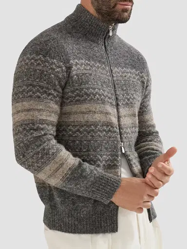 Brunello Cucinelli Men's Nordic Jacquard High-Neck Cardigan with Zip - Black Multi - Size 48 | Thumbnail 5