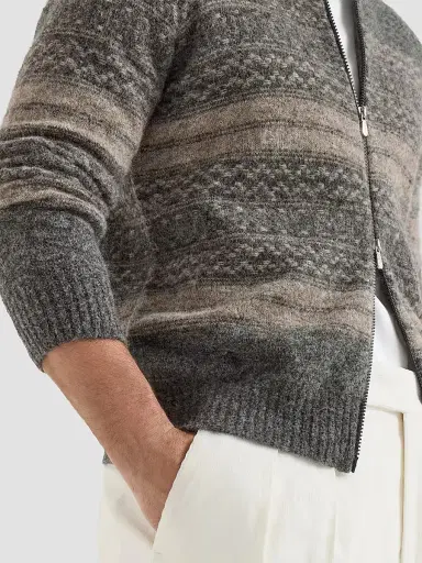 Brunello Cucinelli Men's Nordic Jacquard High-Neck Cardigan with Zip - Black Multi - Size 48 | Thumbnail 6