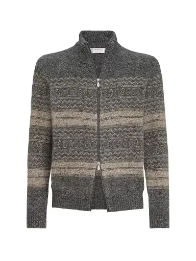 Brunello Cucinelli Men's Nordic Jacquard High-Neck Cardigan with Zip - Black Multi - Size 48 | Thumbnail 1