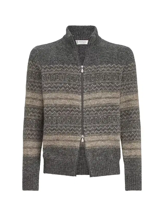 Brunello Cucinelli Men's Nordic Jacquard High-Neck Cardigan with Zip - Black Multi