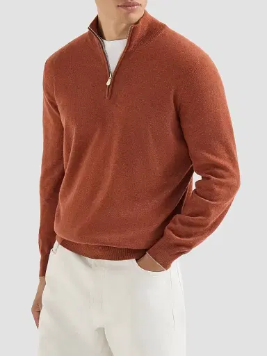Brunello Cucinelli Men's Mouliné Cashmere Sweater with Half Zip - Orange - Size 52 | Thumbnail 2
