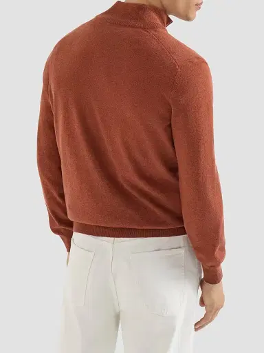 Brunello Cucinelli Men's Mouliné Cashmere Sweater with Half Zip - Orange - Size 52 | Thumbnail 3