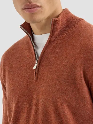 Brunello Cucinelli Men's Mouliné Cashmere Sweater with Half Zip - Orange - Size 52 | Thumbnail 4