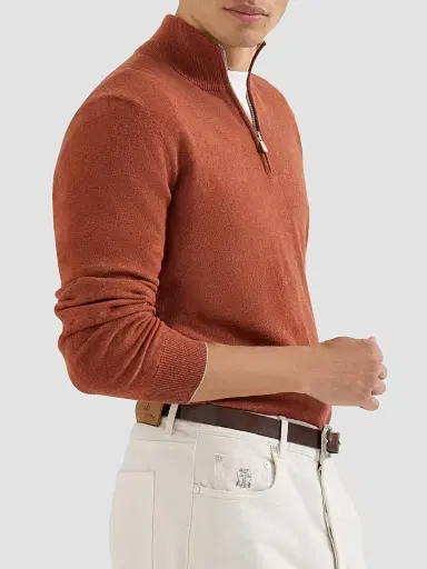 Brunello Cucinelli Men's Mouliné Cashmere Sweater with Half Zip - Orange - Size 52 | Thumbnail 5