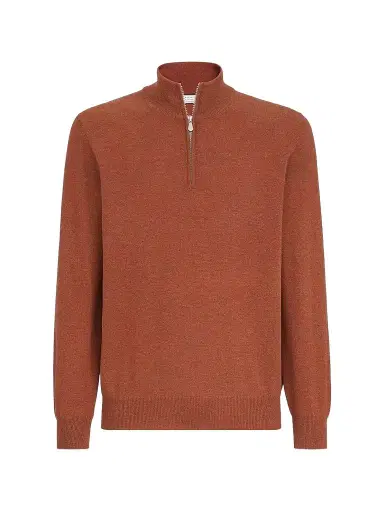 Brunello Cucinelli Men's Mouliné Cashmere Sweater with Half Zip - Orange - Size 52 | Thumbnail 1