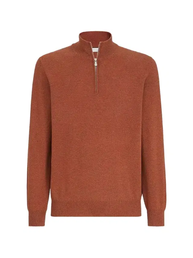 Men's Mouliné Cashmere Sweater with Half Zip - Orange