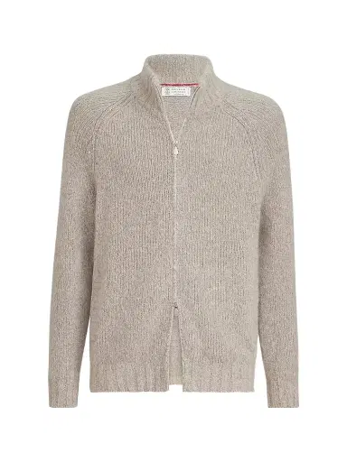 Brunello Cucinelli Men's Cashmere and Silk High-Neck Cardigan - Beige - Size 44 | Thumbnail 1 Brunello Cucinelli Men's Cashmere and Silk High-Neck Cardigan - Beige - Size 44 | Thumbnail 1