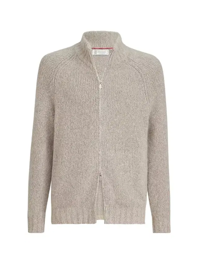 Men's Cashmere and Silk High-Neck Cardigan - Beige
