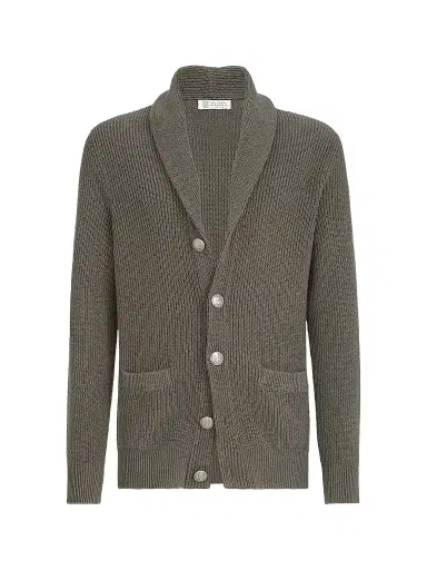 Brunello Cucinelli Men's Malfilé Cotton English Rib Cardigan - Military - Size 48 | Thumbnail 1