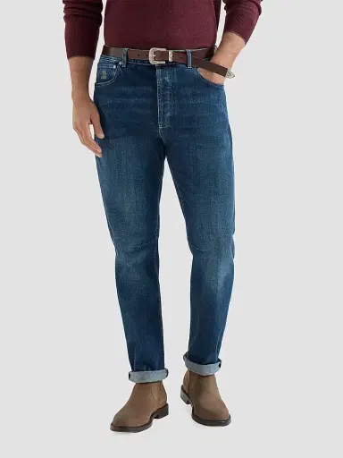 Brunello Cucinelli Men's Comfort Cotton Denim Leisure Fit Five-Pocket Jeans - Dark Denim | Thumbnail 2 Brunello Cucinelli Men's Comfort Cotton Denim Leisure Fit Five-Pocket Jeans - Dark Denim | Thumbnail 2