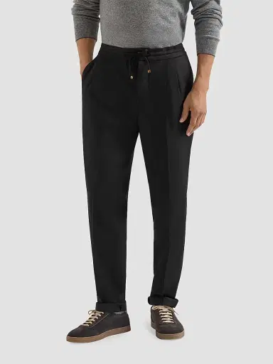 Brunello Cucinelli Men's Virgin Wool Flannel Trousers with Drawstring and Double Pleats - Black - Size 46 | Thumbnail 2 Brunello Cucinelli Men's Virgin Wool Flannel Trousers with Drawstring and Double Pleats - Black - Size 46 | Thumbnail 2