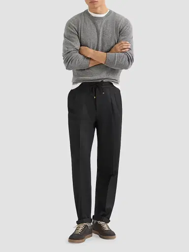 Brunello Cucinelli Men's Virgin Wool Flannel Trousers with Drawstring and Double Pleats - Black - Size 46 | Thumbnail 5 Brunello Cucinelli Men's Virgin Wool Flannel Trousers with Drawstring and Double Pleats - Black - Size 46 | Thumbnail 5