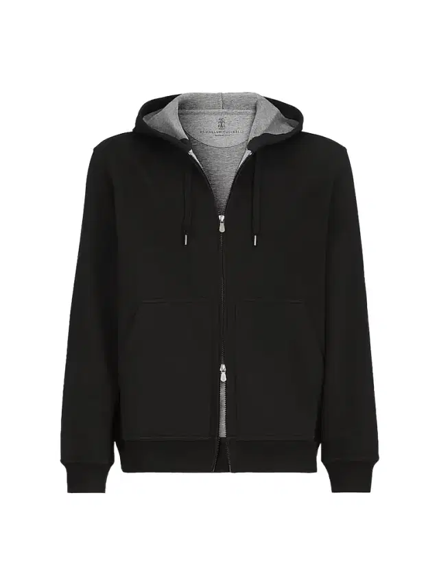 Men's Cotton, Cashmere and Silk French Terry Double Cloth Hooded Sweatshirt - Black