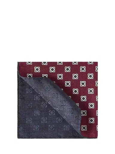 Brunello Cucinelli Men's Silk Geometric Pattern Pocket Square - Burgundy | Thumbnail 1 Brunello Cucinelli Men's Silk Geometric Pattern Pocket Square - Burgundy | Thumbnail 1