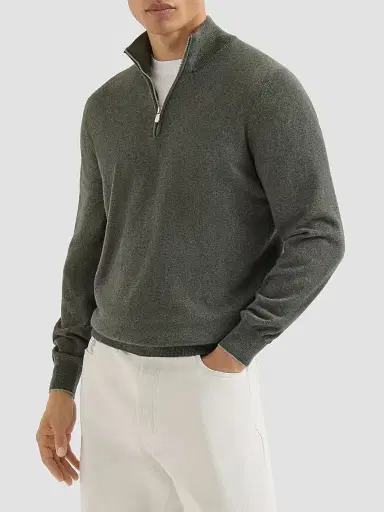 Brunello Cucinelli Men's Cashmere Sweater with Half Zip - Green - Size 52 | Thumbnail 2