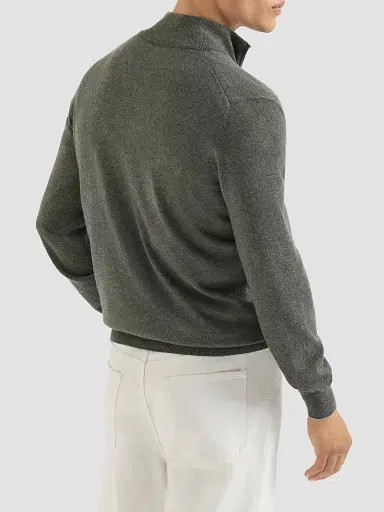 Brunello Cucinelli Men's Cashmere Sweater with Half Zip - Green - Size 52 | Thumbnail 3