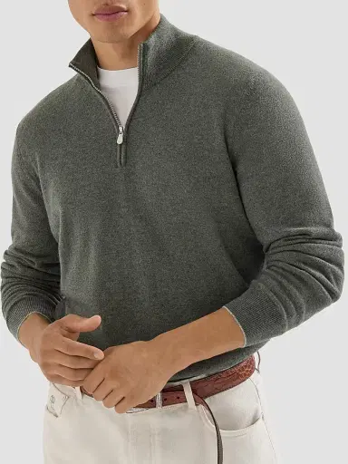Brunello Cucinelli Men's Cashmere Sweater with Half Zip - Green - Size 52 | Thumbnail 5