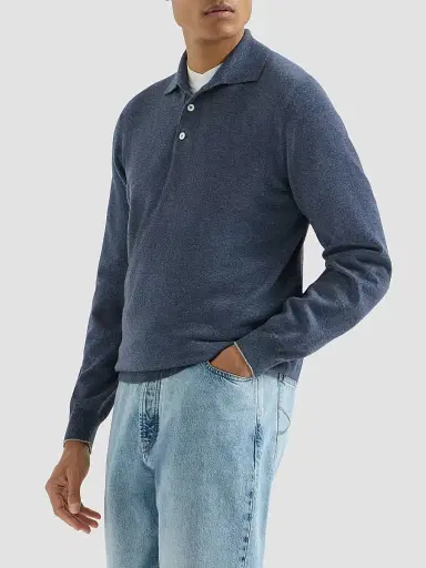 Brunello Cucinelli Men's Cashmere Knit Polo Shirt - Denim - Size 50 | Thumbnail 2