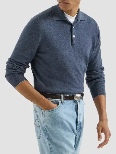 Brunello Cucinelli Men's Cashmere Knit Polo Shirt - Denim - Size 50 | Thumbnail 5