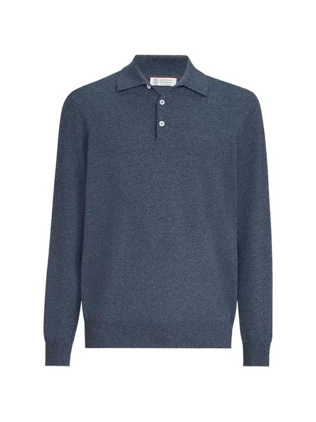 Brunello Cucinelli Men's Cashmere Knit Polo Shirt - Denim