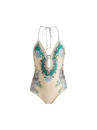 Zimmermann Women's Indra Crochet Detail One-Piece Swimsuit - Cream Scarf Floral - Size 8 | Thumbnail 1 Zimmermann Women's Indra Crochet Detail One-Piece Swimsuit - Cream Scarf Floral - Size 8 | Thumbnail 1
