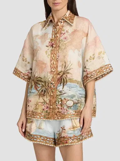 Zimmermann Women's Mahon Island Print Linen Shirt - Island Map Blue - Size 10 | Thumbnail 3