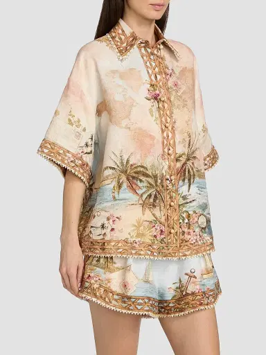 Zimmermann Women's Mahon Island Print Linen Shirt - Island Map Blue - Size 10 | Thumbnail 4