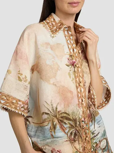 Zimmermann Women's Mahon Island Print Linen Shirt - Island Map Blue - Size 10 | Thumbnail 6