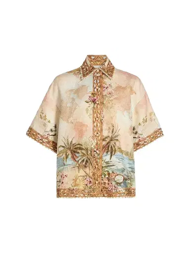 Zimmermann Women's Mahon Island Print Linen Shirt - Island Map Blue - Size 10 | Thumbnail 1