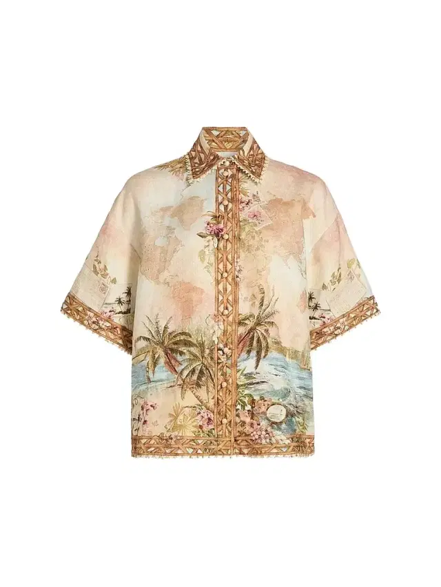 Women's Mahon Island Print Linen Shirt - Island Map Blue