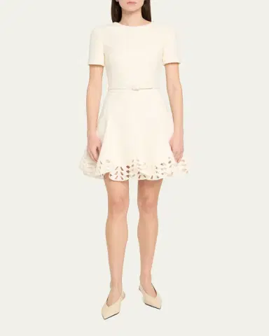 Oscar de la Renta Short-Sleeve Cutout-Hem Tweed Mini Dress With Belt | Thumbnail 2 Oscar de la Renta Short-Sleeve Cutout-Hem Tweed Mini Dress With Belt | Thumbnail 2