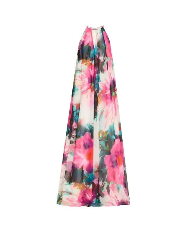 Cutout Floral-Print Trapeze Gown
