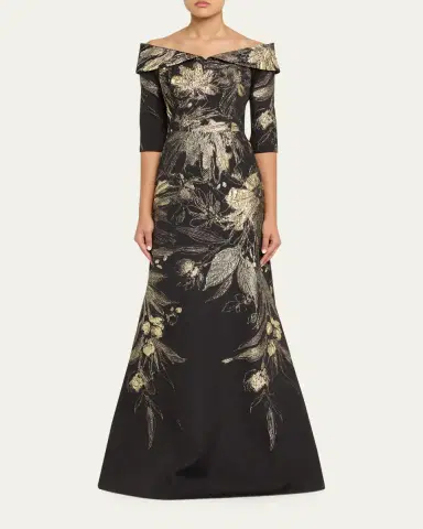 Rickie Freeman for Teri Jon Metallic Jacquard Fold Off-the-Shoulder Gown | Thumbnail 2